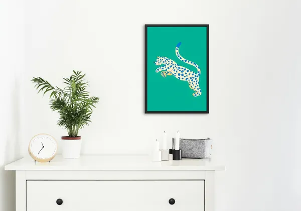 Black_Framed_Teal_Leopard_Fibre_Art_|_For_Home_&_Office_Decor