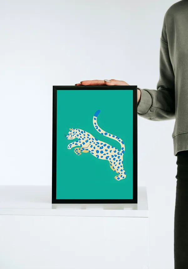 Black_Framed_Teal_Leopard_Fibre_Art_|_For_Home_&_Office_Decor