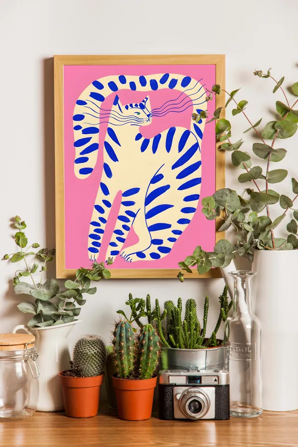 Wooden_Framed_Pink_Attitute_Cat_Fibre_Art_|_For_Home_&_Office_Decor