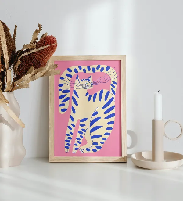 Wooden_Framed_Pink_Attitute_Cat_Fibre_Art_|_For_Home_&_Office_Decor