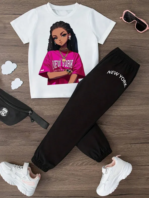 White_Polycotton_Ladies_Newyork_Printed_Trendy_Half_Sleeve_Top_And_Bottom_Set_For_Girls