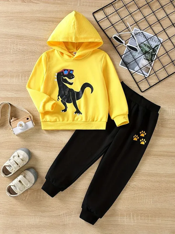 Yellow_Polycotton_Dianasaur_Printed_Trendy_Hooded_Top_And_Bottom_Set_For_Boys