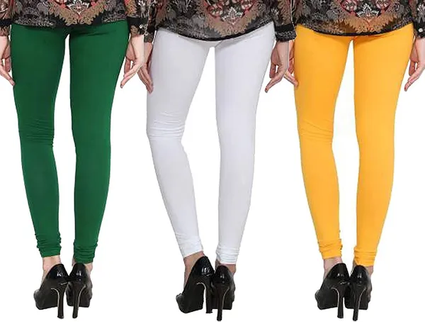 Dark_Green_&_White_&_Yellow_Silk_Blend_Solid_Casual_Ethnic_Wear_Leggings_For_Women_(Pack_Of_3)