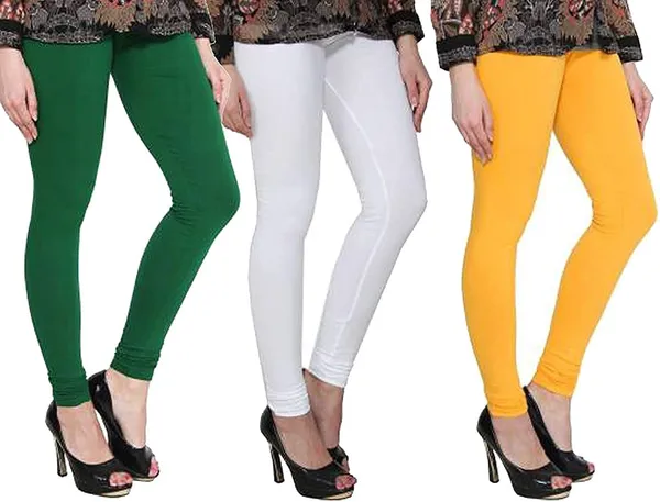 Dark_Green_&_White_&_Yellow_Silk_Blend_Solid_Casual_Ethnic_Wear_Leggings_For_Women_(Pack_Of_3)