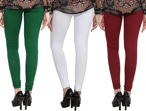White_&_Green_&_Maroon_Silk_Blend_Solid_Casual_Ethnic_Wear_Leggings_For_Women_(Pack_Of_3)