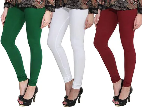 White_&_Green_&_Maroon_Silk_Blend_Solid_Casual_Ethnic_Wear_Leggings_For_Women_(Pack_Of_3)