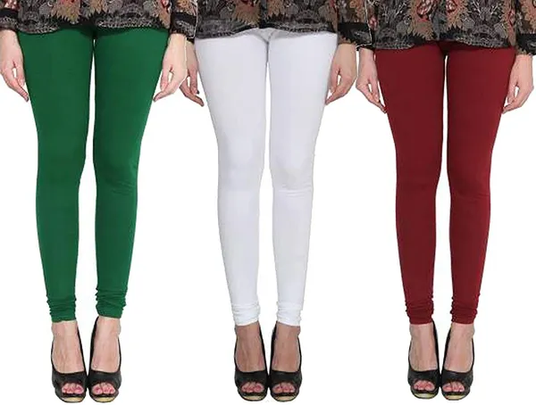 White_&_Green_&_Maroon_Silk_Blend_Solid_Casual_Ethnic_Wear_Leggings_For_Women_(Pack_Of_3)
