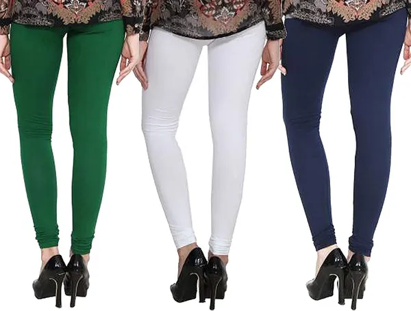 White_&_Dark_Green_&_Dark_Blue_Silk_Blend_Solid_Casual_Ethnic_Wear_Leggings_For_Women_(Pack_Of_3)