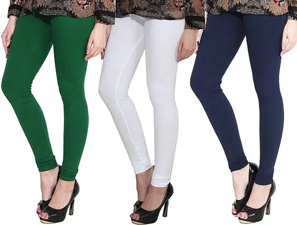 White_&_Dark_Green_&_Dark_Blue_Silk_Blend_Solid_Casual_Ethnic_Wear_Leggings_For_Women_(Pack_Of_3)