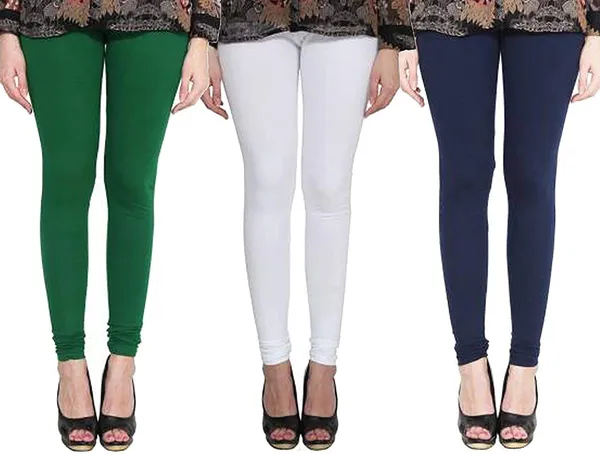 White_&_Dark_Green_&_Dark_Blue_Silk_Blend_Solid_Casual_Ethnic_Wear_Leggings_For_Women_(Pack_Of_3)