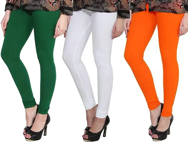 White_&_Green_&_Orange_Silk_Blend_Solid_Casual_Ethnic_Wear_Leggings_For_Women_(Pack_Of_3)