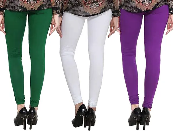 White_&_Dark_Green_&_Purple_Silk_Blend_Solid_Casual_Ethnic_Wear_Leggings_For_Women_(Pack_Of_3)