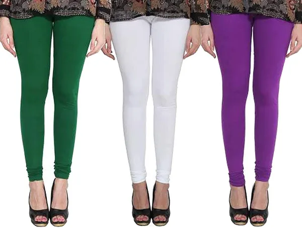 White_&_Dark_Green_&_Purple_Silk_Blend_Solid_Casual_Ethnic_Wear_Leggings_For_Women_(Pack_Of_3)
