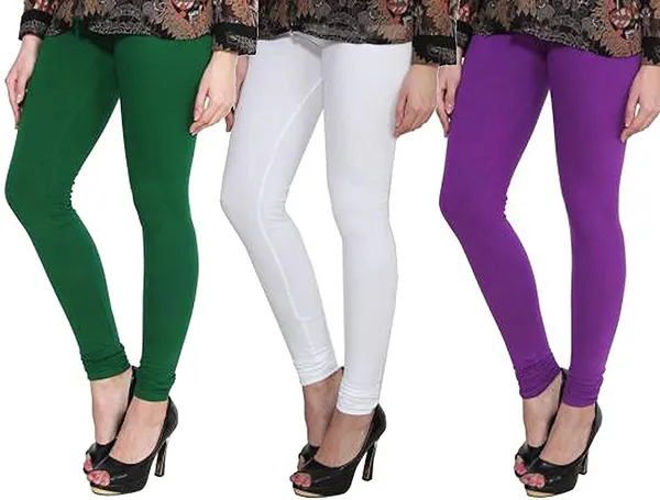 White_&_Dark_Green_&_Purple_Silk_Blend_Solid_Casual_Ethnic_Wear_Leggings_For_Women_(Pack_Of_3)