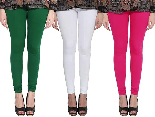 White_&_Green_&_Pink_Silk_Blend_Solid_Casual_Ethnic_Wear_Leggings_For_Women_(Pack_Of_3)