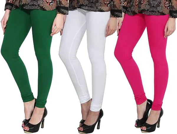 White_&_Green_&_Pink_Silk_Blend_Solid_Casual_Ethnic_Wear_Leggings_For_Women_(Pack_Of_3)