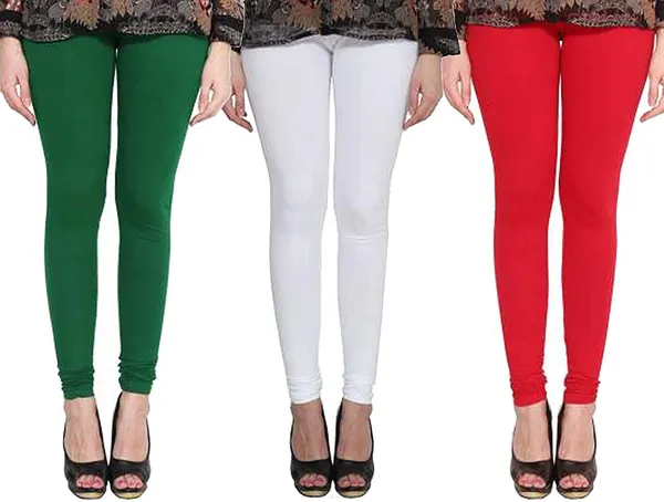 White_&_Red_&_Green_Silk_Blend_Solid_Casual_Ethnic_Wear_Leggings_For_Women_(Pack_Of_3)