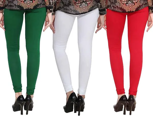 White_&_Red_&_Green_Silk_Blend_Solid_Casual_Ethnic_Wear_Leggings_For_Women_(Pack_Of_3)
