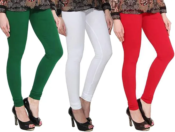 White_&_Red_&_Green_Silk_Blend_Solid_Casual_Ethnic_Wear_Leggings_For_Women_(Pack_Of_3)