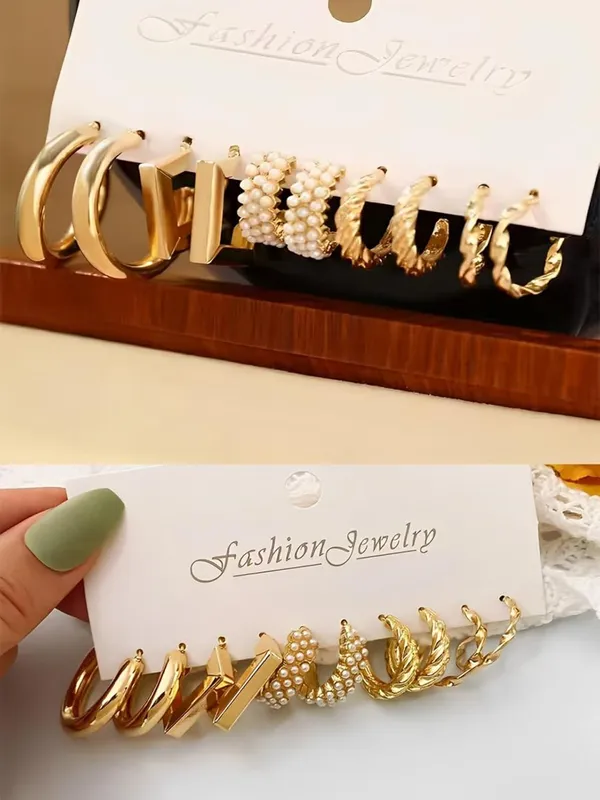 Gold_Plated_5_Pairs_Combo_Earring_Set__for_Women_|_Trendy_Stylish_Geometric_Twist_Pearl_Hoop_Earrings