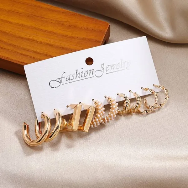 Gold_Plated_5_Pairs_Combo_Earring_Set__for_Women_|_Trendy_Stylish_Geometric_Twist_Pearl_Hoop_Earrings