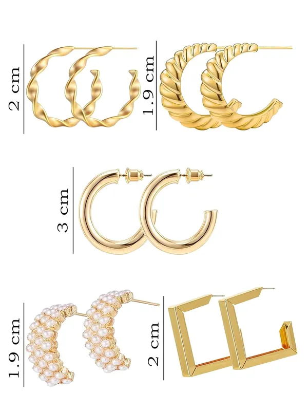 Gold_Plated_5_Pairs_Combo_Earring_Set__for_Women_|_Trendy_Stylish_Geometric_Twist_Pearl_Hoop_Earrings