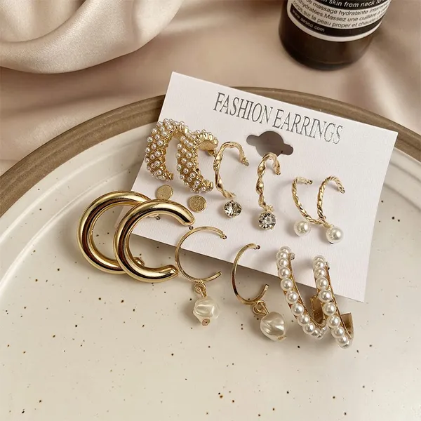 Pairs_of_9_Gold_Plated_Earrings_Set_for_Women_|_Trendy_Stylish_Geometric_Twist_Pearl_Hoop_Earrings
