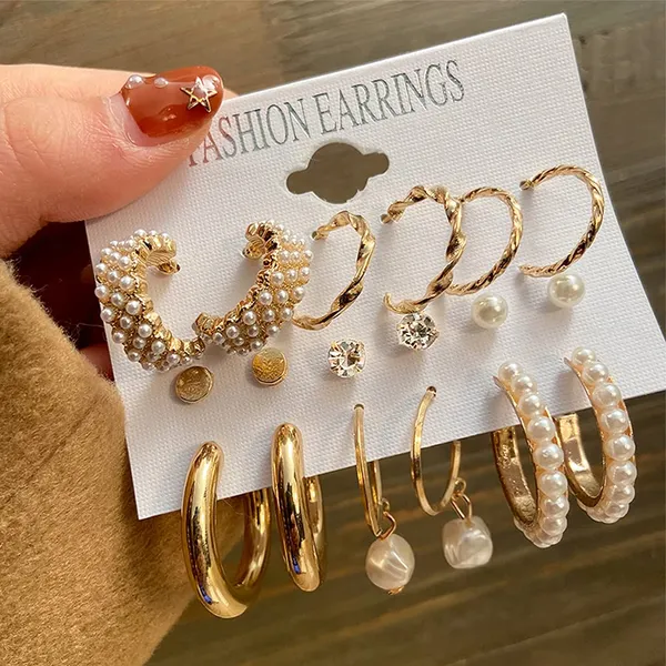 Pairs_of_9_Gold_Plated_Earrings_Set_for_Women_|_Trendy_Stylish_Geometric_Twist_Pearl_Hoop_Earrings