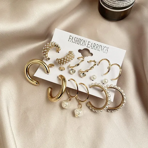 Pairs_of_9_Gold_Plated_Earrings_Set_for_Women_|_Trendy_Stylish_Geometric_Twist_Pearl_Hoop_Earrings