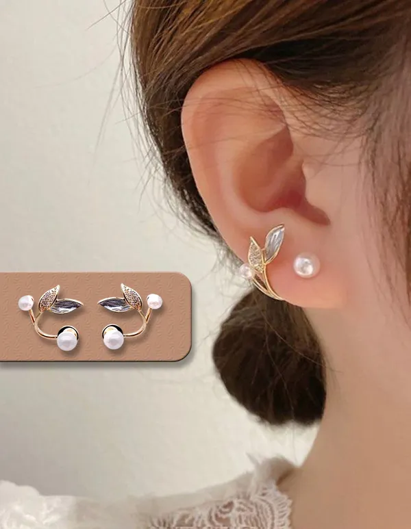 Gold_Plated_Pinterest_Earrings_|Korean_Leaf_Pearl_Studs_Earrings