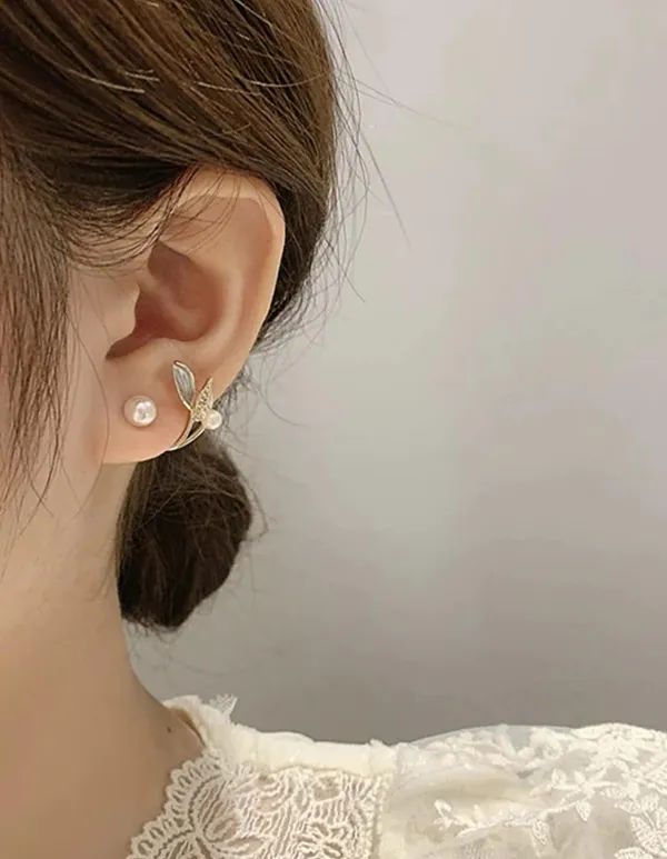 Gold_Plated_Pinterest_Earrings_|Korean_Leaf_Pearl_Studs_Earrings