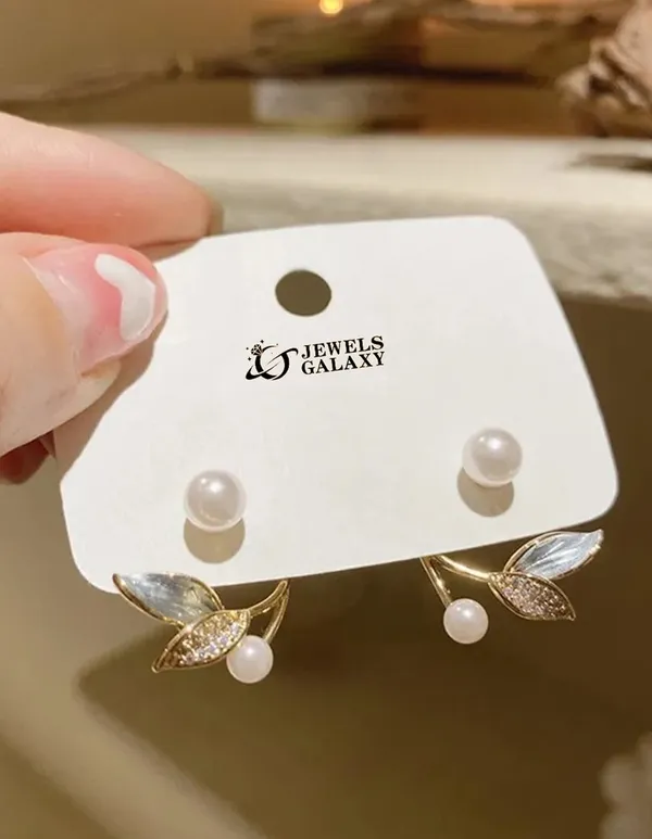 Gold_Plated_Pinterest_Earrings_|Korean_Leaf_Pearl_Studs_Earrings