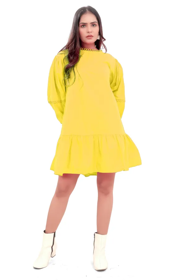 Lime_Green_Cotton_Poplin_Back_Open_Knot_Pattern_Short_Dress_For_Women