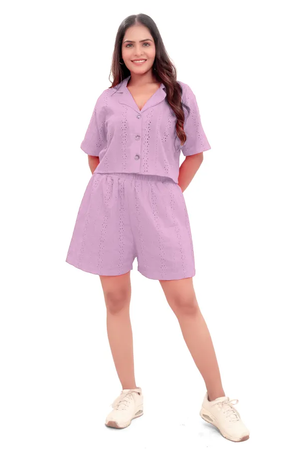 Lavender_Color_Cotton_Schiffli_Crop_Shirt_And_Shorts_Co-Ord_Set_For_Women