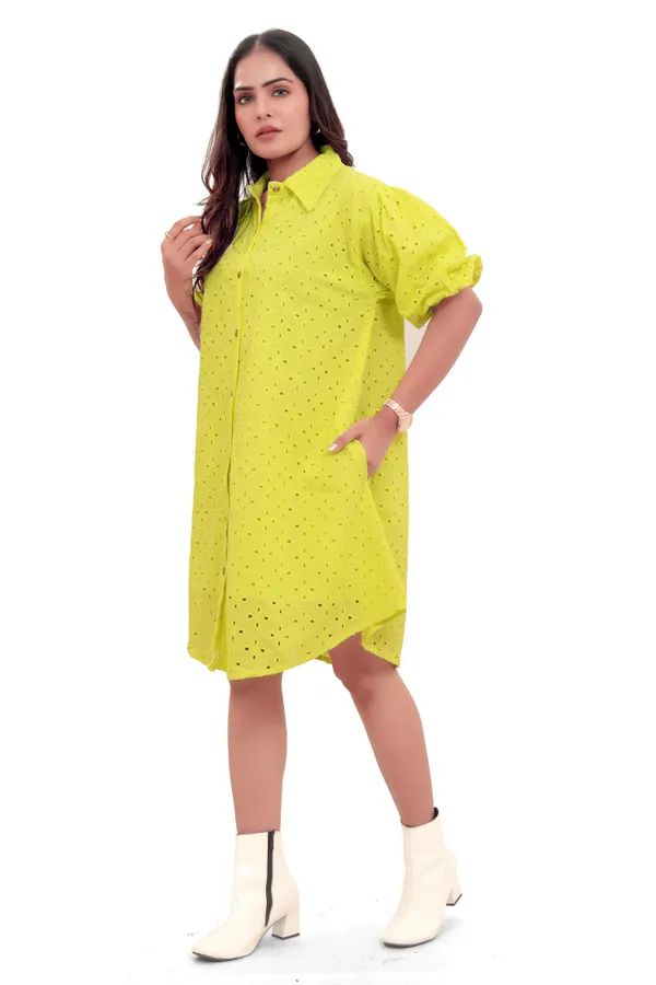 Lime_Green_Cotton_Schiffli_Shirt_Style_Short_Dress_For_Women