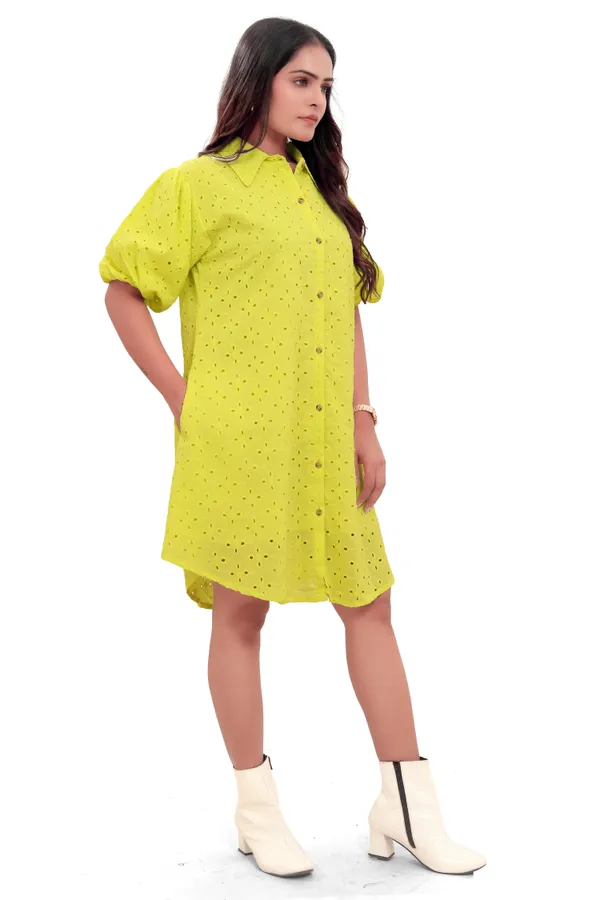 Lime_Green_Cotton_Schiffli_Shirt_Style_Short_Dress_For_Women