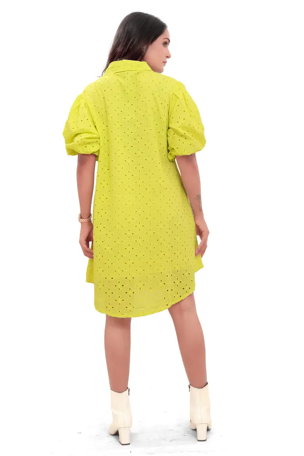 Lime_Green_Cotton_Schiffli_Shirt_Style_Short_Dress_For_Women