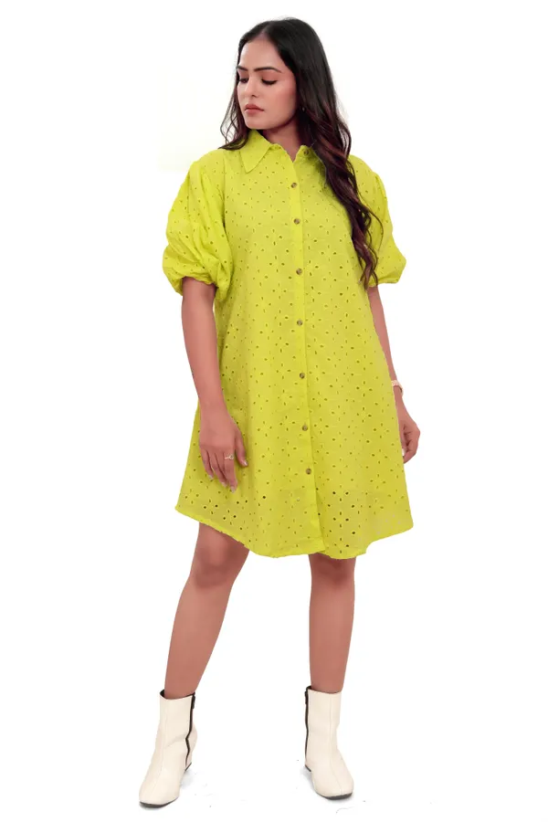 Lime_Green_Cotton_Schiffli_Shirt_Style_Short_Dress_For_Women