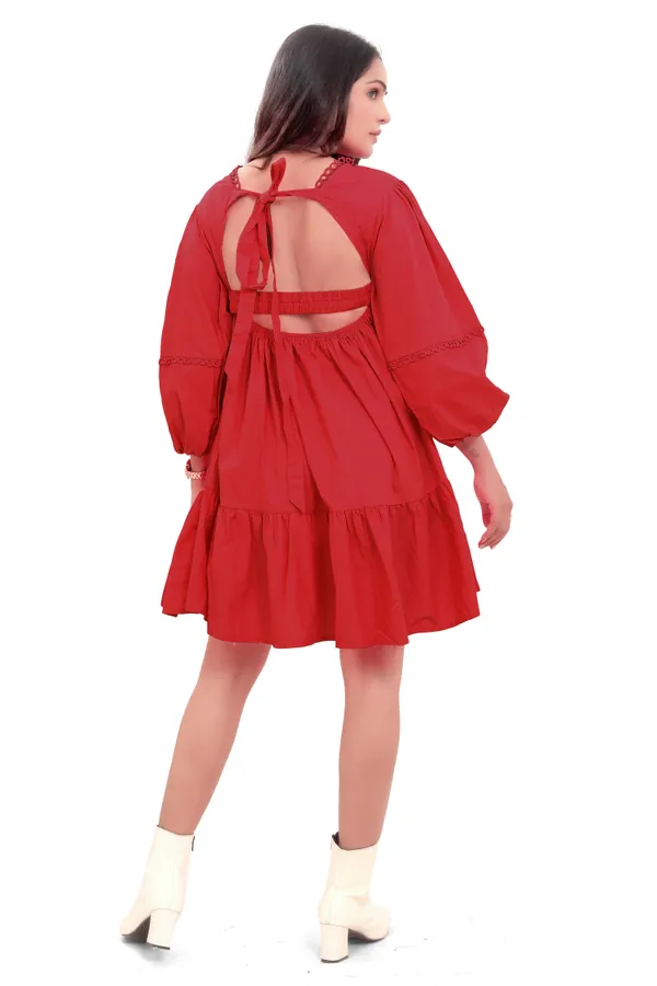Red_Cotton_Poplin_Back_Open_Knot_Pattern_Short_Dress_For_Women