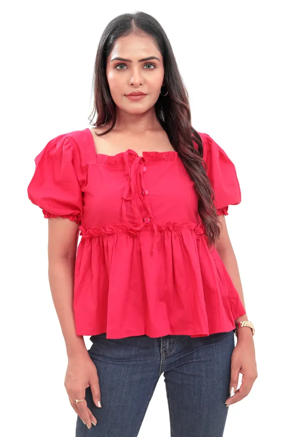 Hot_Pink_Cotton_Poplin_Frill_Style_Crop_Top_For_Women