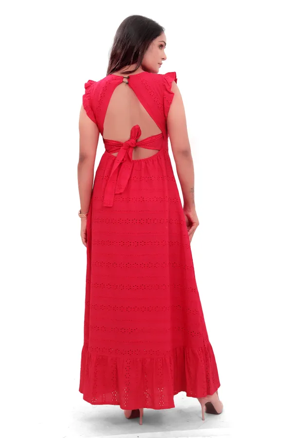 Red_Cotton_Schiffli_Back_Knot_Long_Dress_For_Women