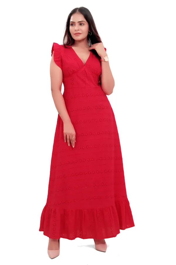 Red_Cotton_Schiffli_Back_Knot_Long_Dress_For_Women