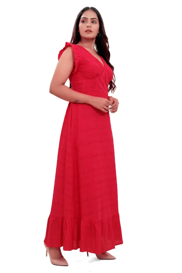 Red_Cotton_Schiffli_Back_Knot_Long_Dress_For_Women