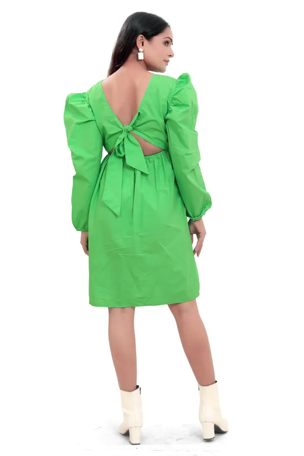 Green_Cotton_Poplin_Back_Knot_Style_Short_Dress_For_Women