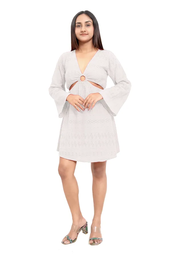 White_Cotton_Schiffli_Front_Ring_Side_Cut_Pattern_Full_Sleeve_Short_Dress_For_Women