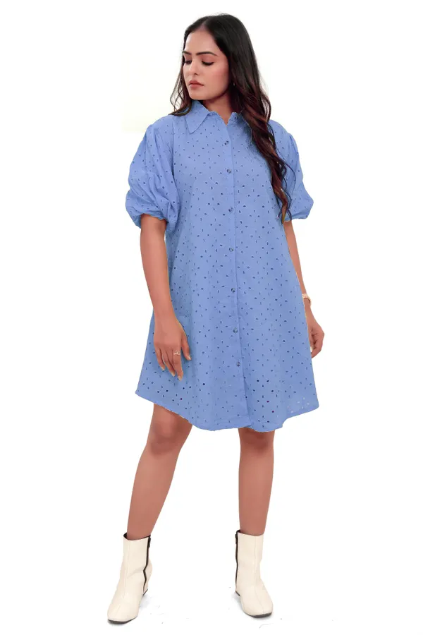 Sky_Blue_Cotton_Schiffli_Shirt_Style_Short_Dress_For_Women