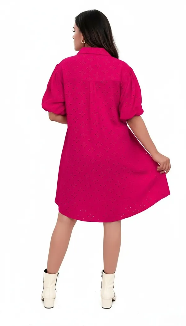 Hot_Pink_Cotton_Schiffli_Shirt_Style_Short_Dress_For_Women