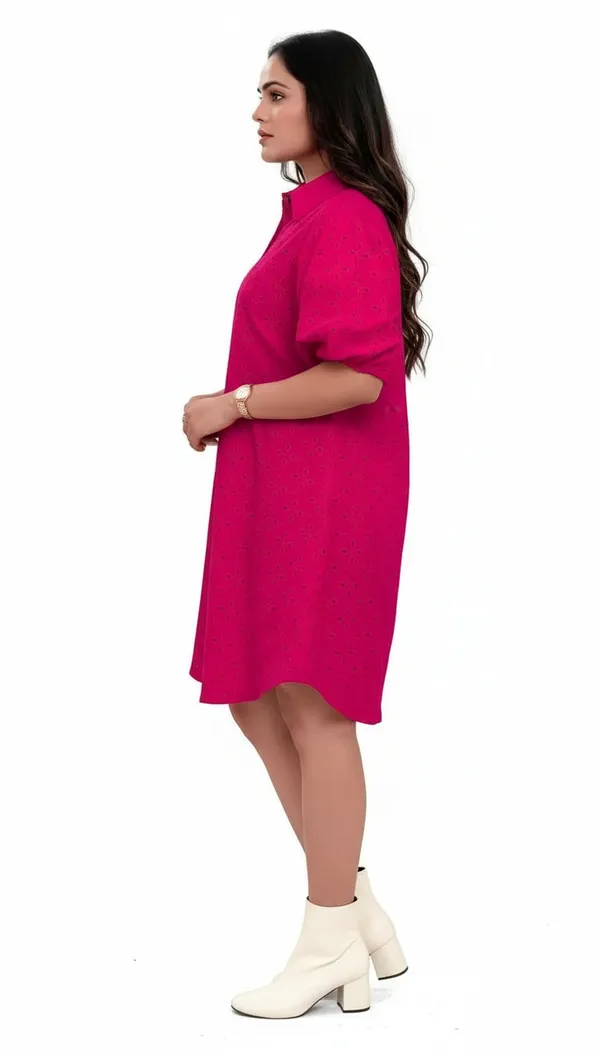 Hot_Pink_Cotton_Schiffli_Shirt_Style_Short_Dress_For_Women