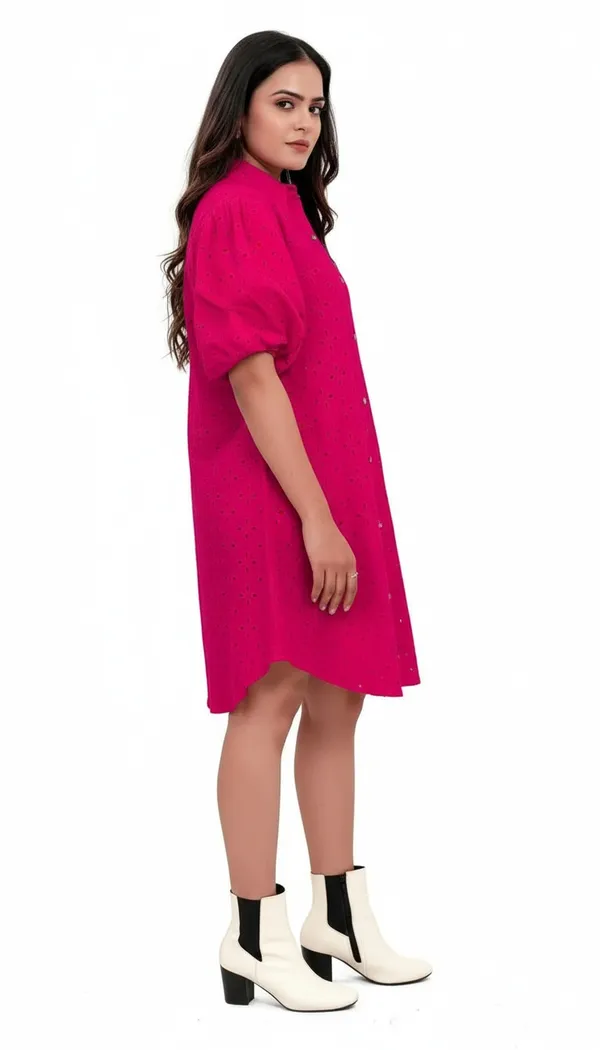Hot_Pink_Cotton_Schiffli_Shirt_Style_Short_Dress_For_Women