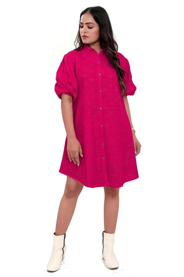Hot_Pink_Cotton_Schiffli_Shirt_Style_Short_Dress_For_Women